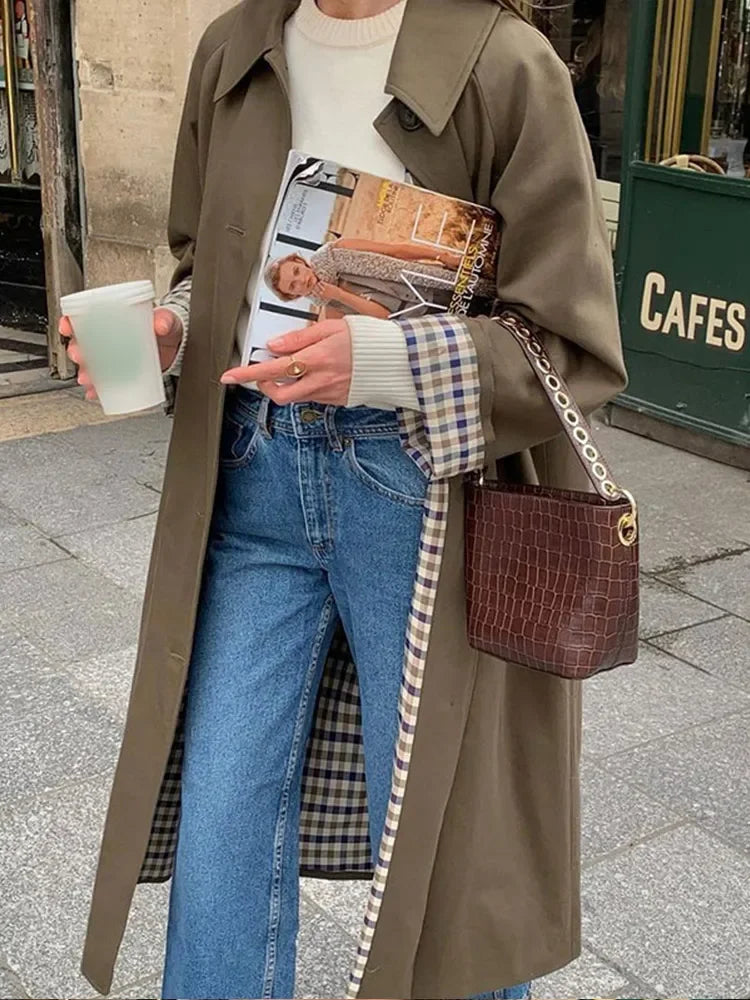 Isabelle Jacka/Coat - Rutigt foder Enkelknäppt Lapel Jacka/Trenchcoat för hösten