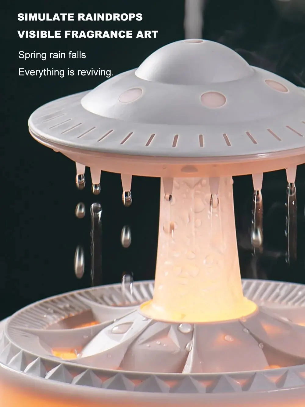 Humidificateur d’air UFO Mia – Expérience d’aromathérapie brumeuse avec gouttes de pluie