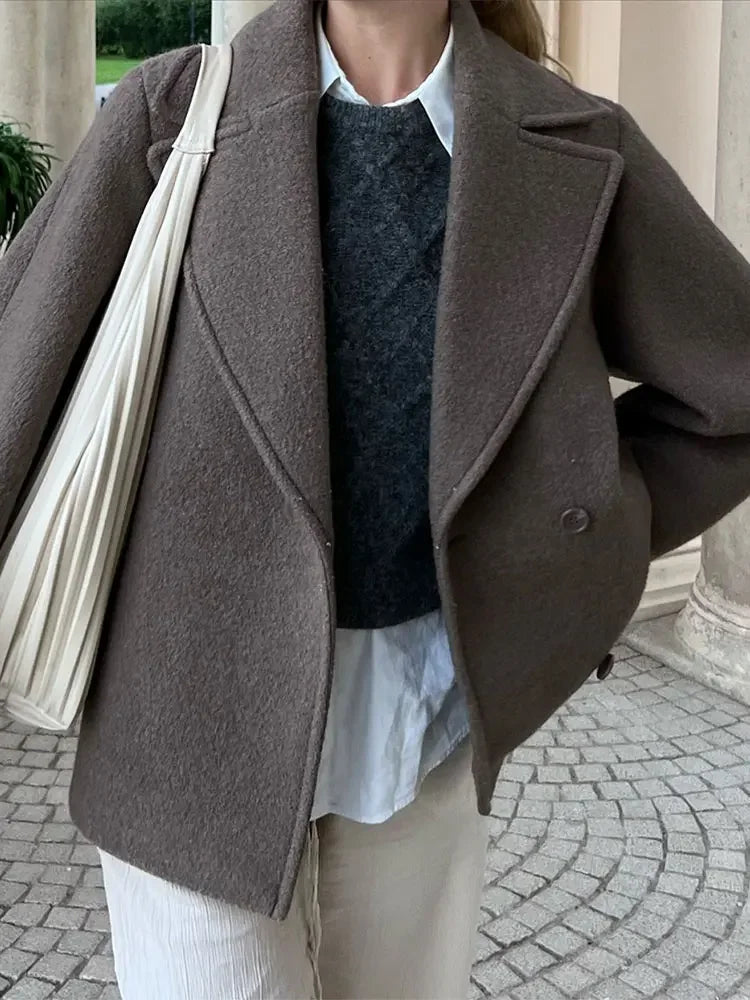 Abrigo de lana cruzado para mujer - Chaqueta corta elegante para otoño e invierno