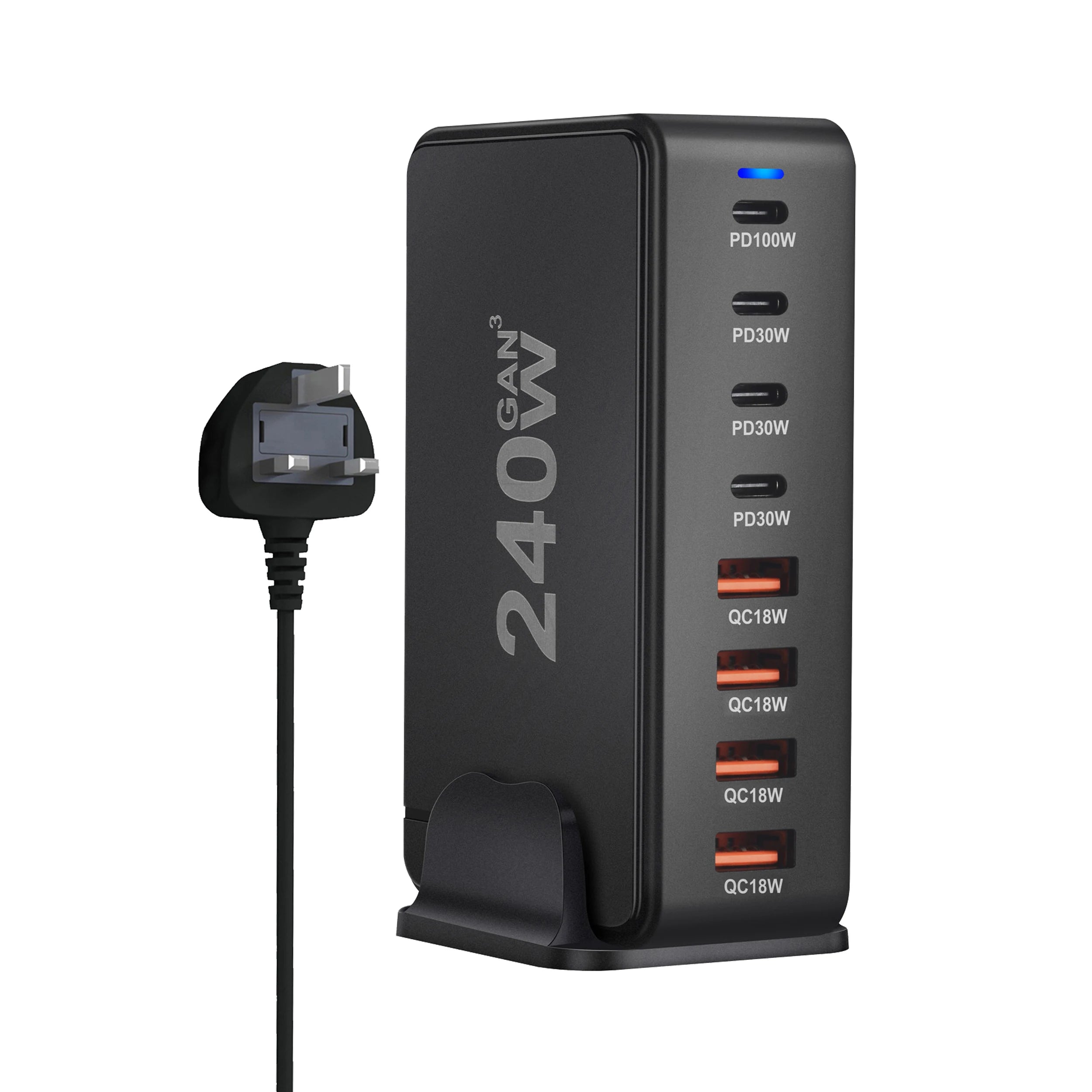 Caricatore GaN da tavolo da 240 W – Stazione di ricarica rapida USB Type C PD Quick Charge 3.0 a 8 porte per dispositivi mobili, laptop e altro ancora