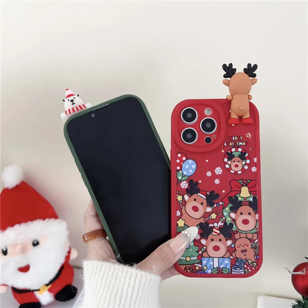 Festive 3D Bear & Reindeer Christmas Case for iPhone – Soft Silicone Cover