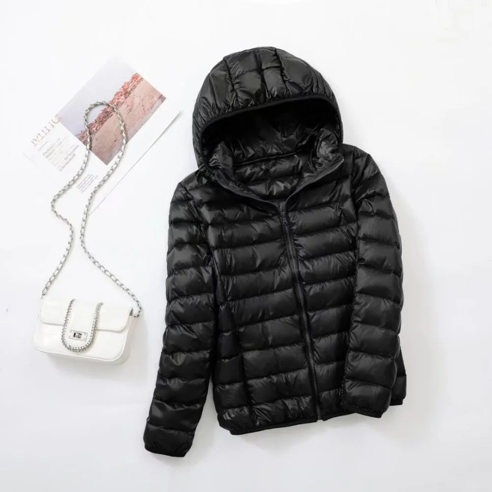 Slim Fit Hooded Down Jacket - Warm White Duck Down Coat for Women