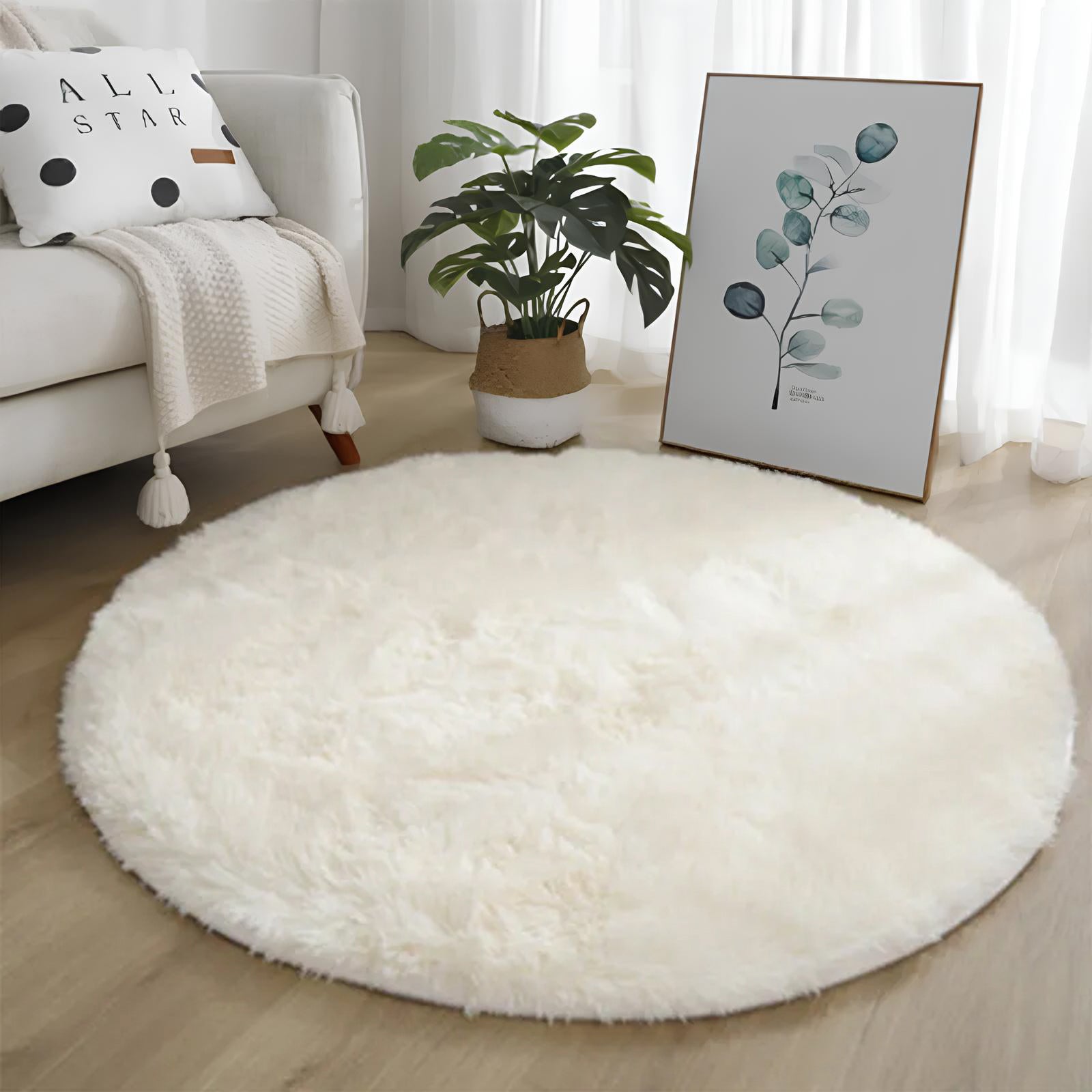 Tapis rond en peluche super doux blanc moelleux à poils épais