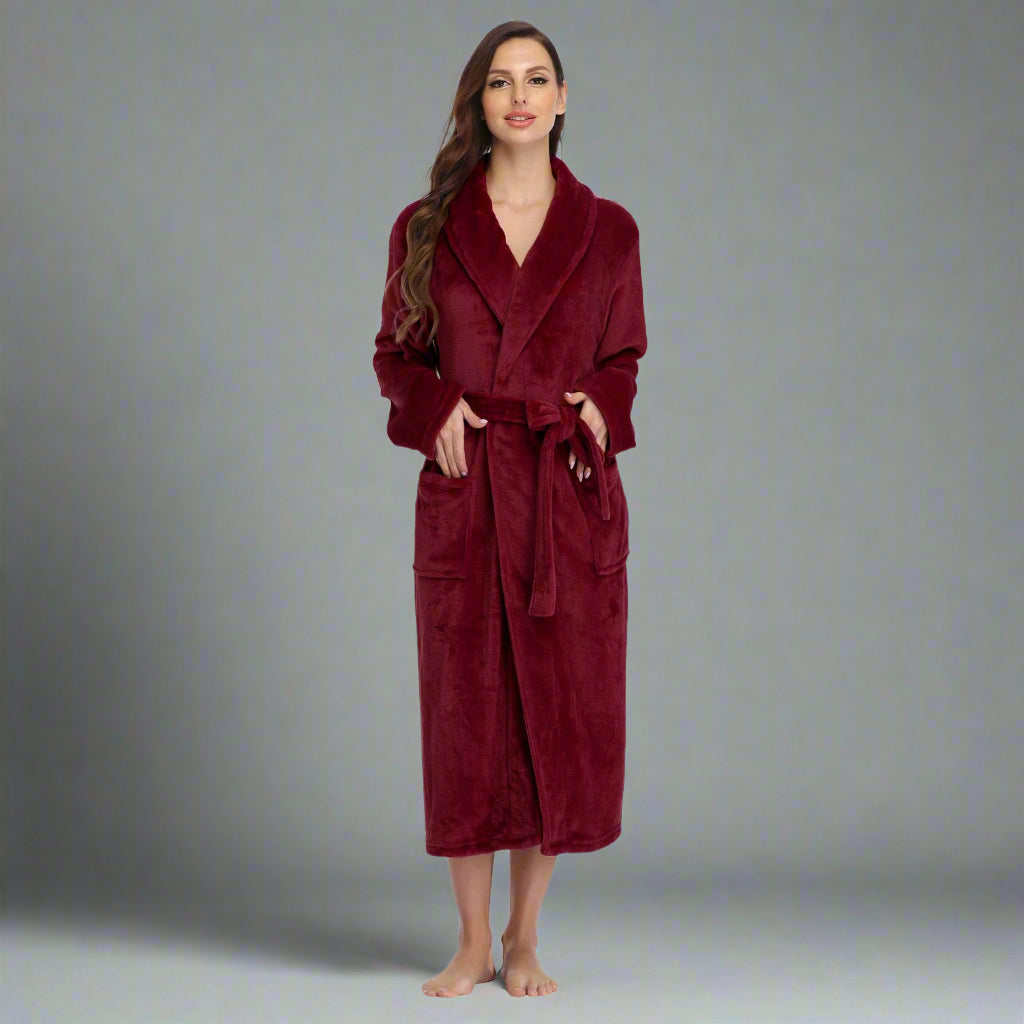 RONGTAI Women's Plush Fleece Bathrobe – Warm & Cozy Long-Sleeve Robe