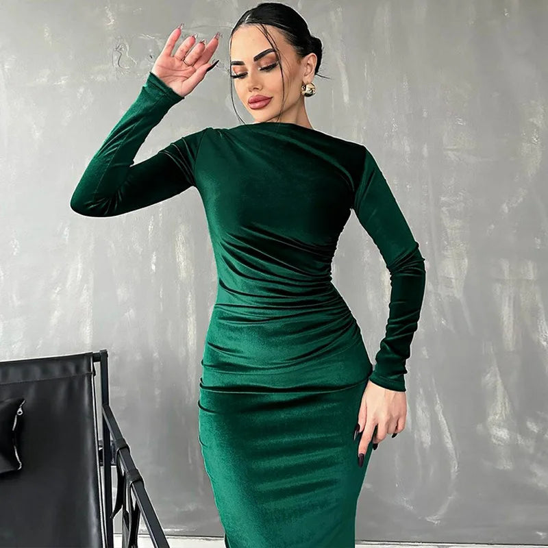 Dulzura Velvet Lange Mouw Midi Jurk – Elegante Groene Feestjurk