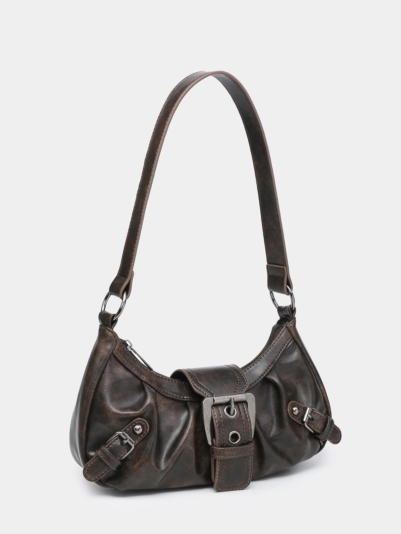 Cora Distressed Faux-Leather Buckle Hobo Bag