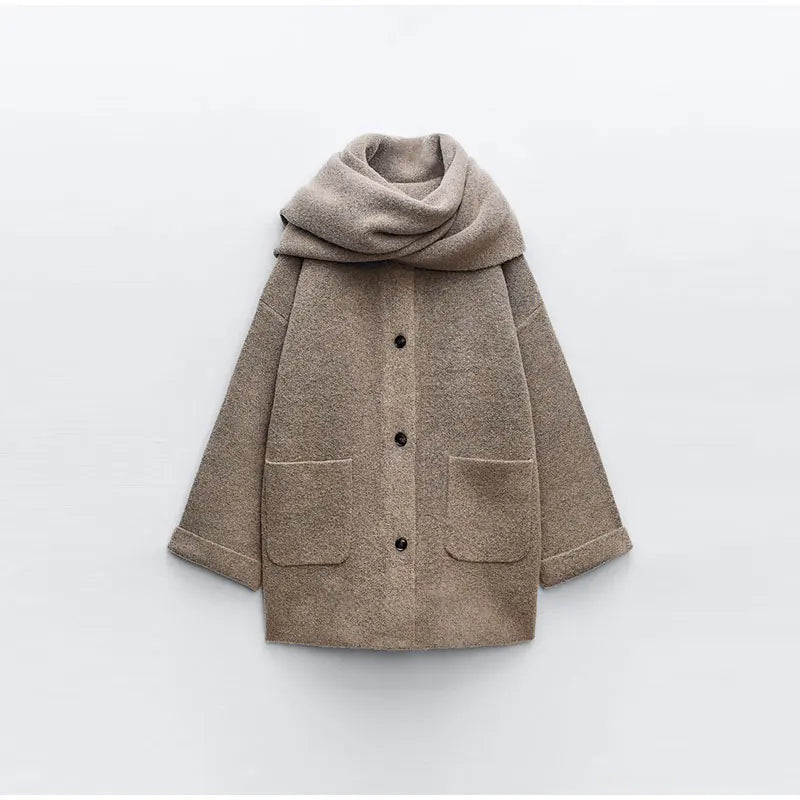 Luxury Woolen Chic™ - Ullfrakk/jakke med skjerf