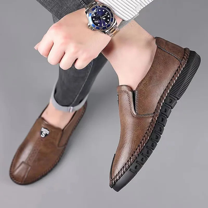 Men's Casual Leather Shoes - Autumn Fashion Comfortable Slip-On Flat Shoes