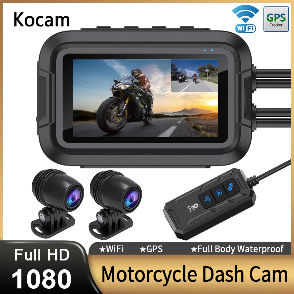 Motorcycle Dash Cam Dual 1080P – Full HD WiFi GPS Waterproof DVR, 3" IPS Display, G-Sensor, Front & Rear Video Recorder, IP66 Black Box