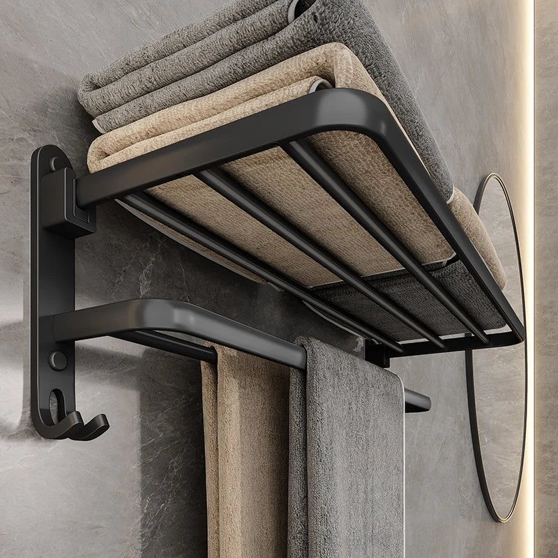 Matte Black 50CM Folding Towel Holder - Space-Saving Wall Mount Aluminum Rack