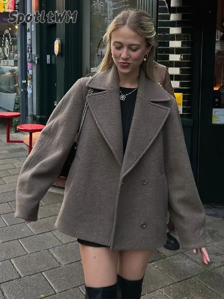 Cappotto in lana doppiopetto da donna - Giacca blazer corta chic per l'autunno e l'inverno