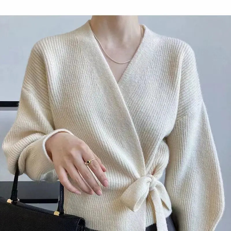 Pateekate Bow Tie V-Neck Knit Cardigan - Women's Short High Waist Sweater Coat