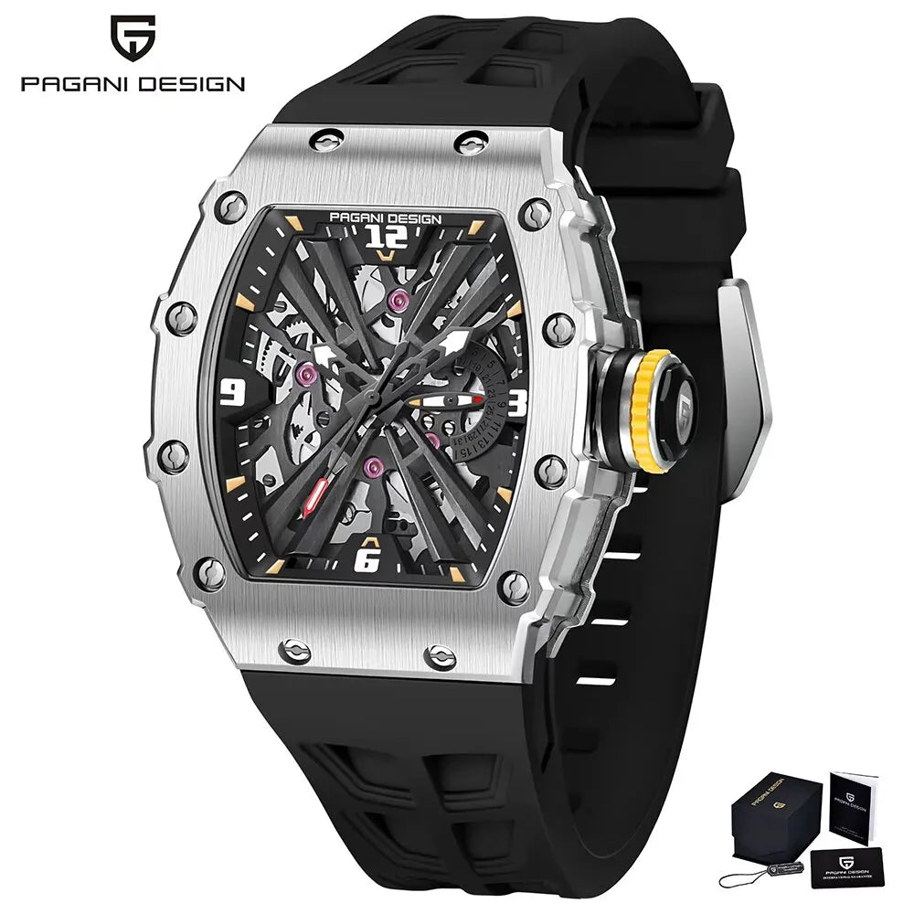 PAGANI DESIGN Reloj de Cuarzo para Hombre - Movimiento VH65, Esfera Esqueleto, Resistente al Agua 100 M, Cristal de Zafiro, Reloj Deportivo rectangular