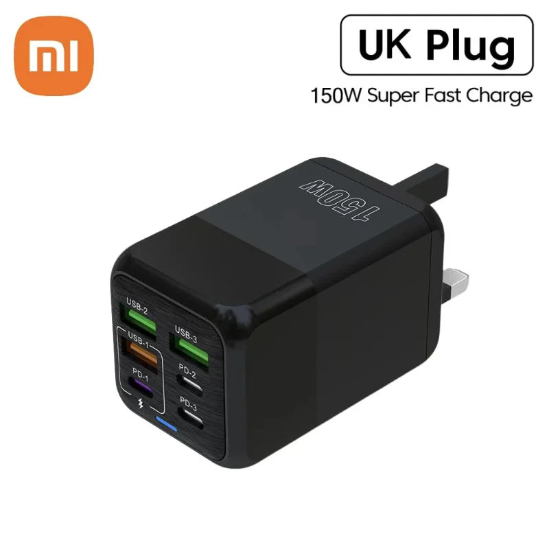 Xiaomi 150W Super Quick Charger Adapter – 6-Port PD Type C & QC 3.0 Fast Charging for iPhone, Samsung, PC, and More (10A Ultra High Speed)