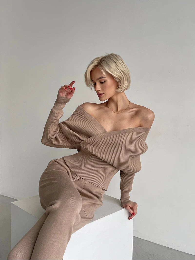 Sara Sexy Off Shoulder Gebreide Twee-Delige Set