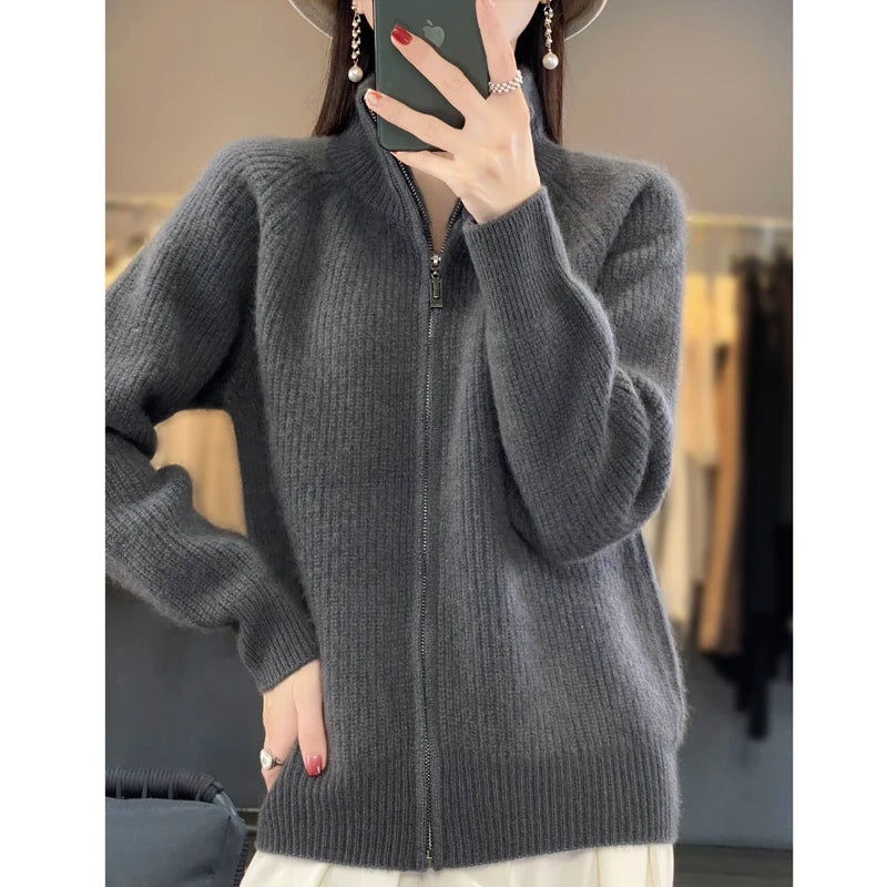 100% Pure Wool Zipper Cardigan/Sweater for women