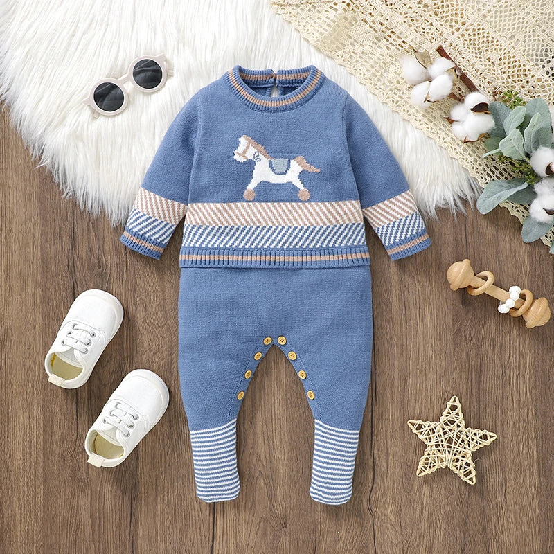 CosyBaby blauwe gebreide romper - pasgeboren jumpsuit met lange mouwen voor jongens en meisjes