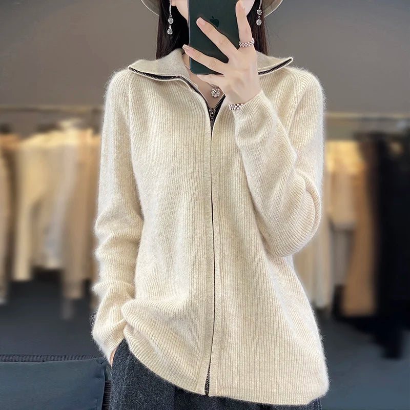 Elena 100 % Kaschmir-Cardigan mit Reißverschluss – locker sitzender Pullover im koreanischen Stil