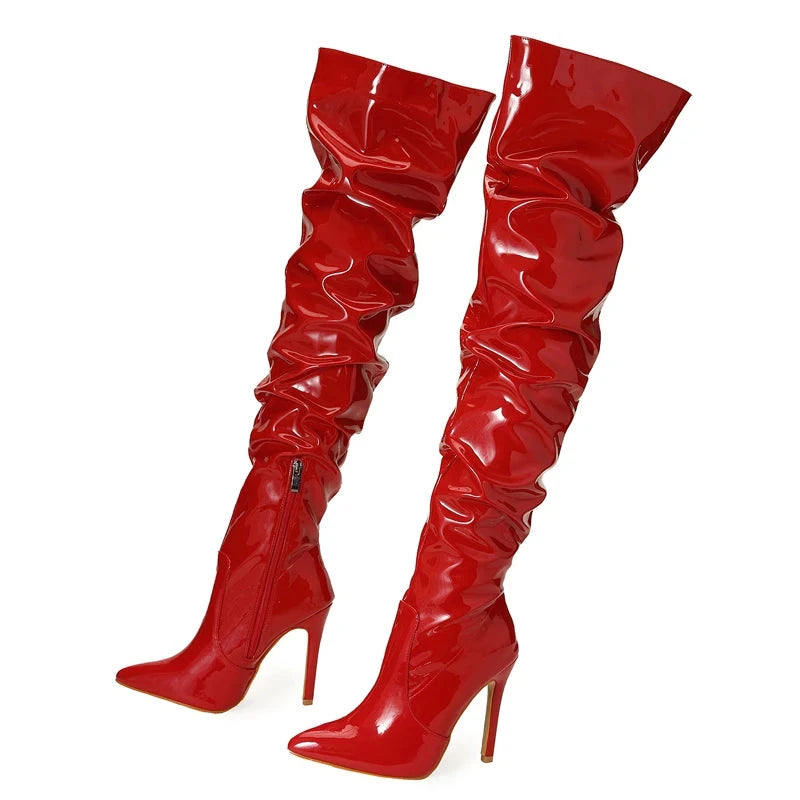 Sophia: Red Over-The-Knee Stiletto Boots with Side Zipper