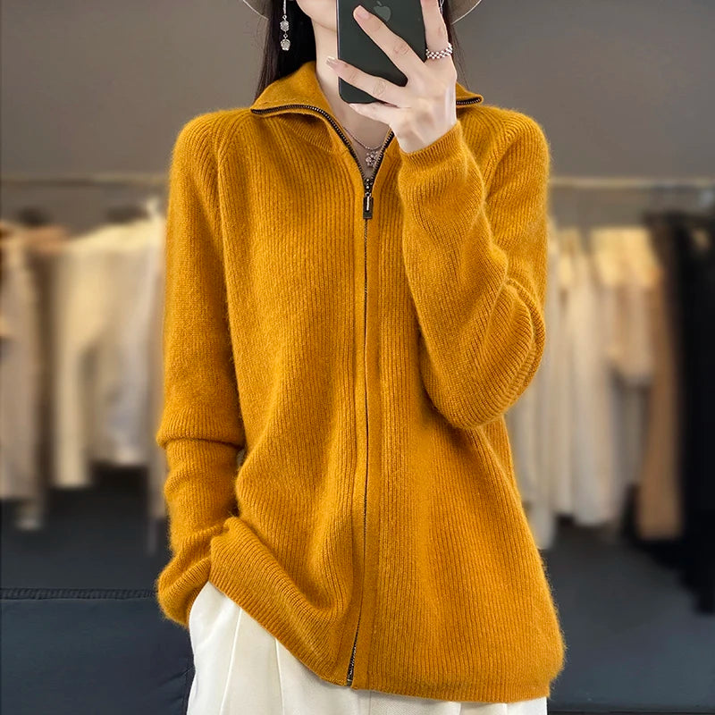 Cardigan con cerniera Elena 100% cashmere – Maglione stile coreano dalla vestibilità ampia