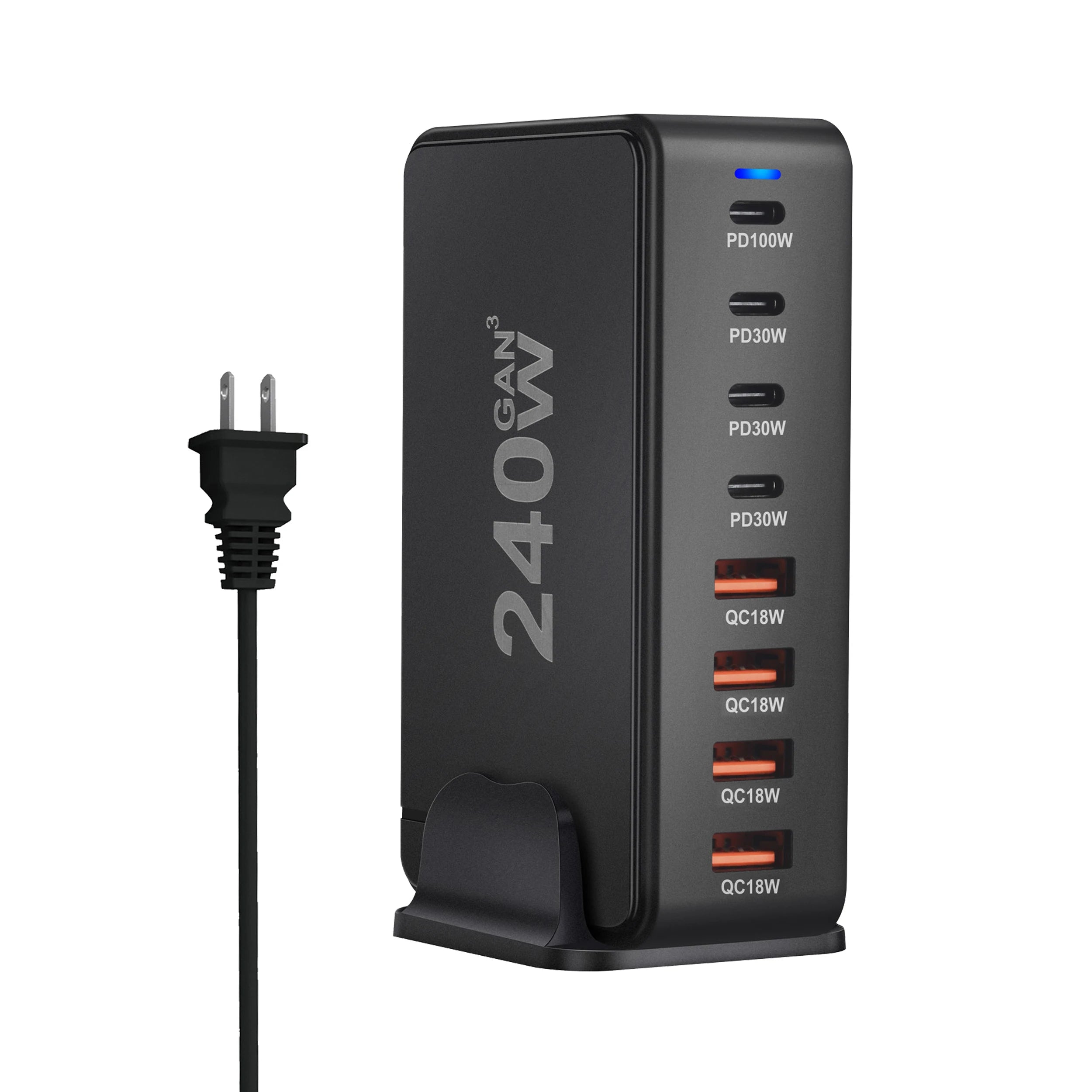 Caricatore GaN da tavolo da 240 W – Stazione di ricarica rapida USB Type C PD Quick Charge 3.0 a 8 porte per dispositivi mobili, laptop e altro ancora