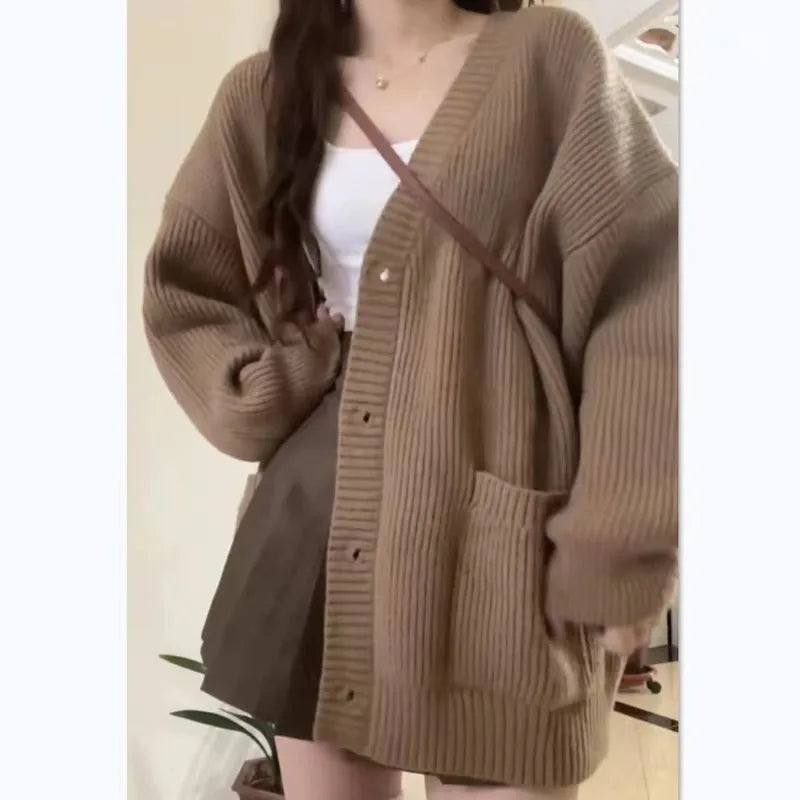 Cardigan à col en V pour femme, manteau, pull tricoté, ample, décontracté, automne et hiver