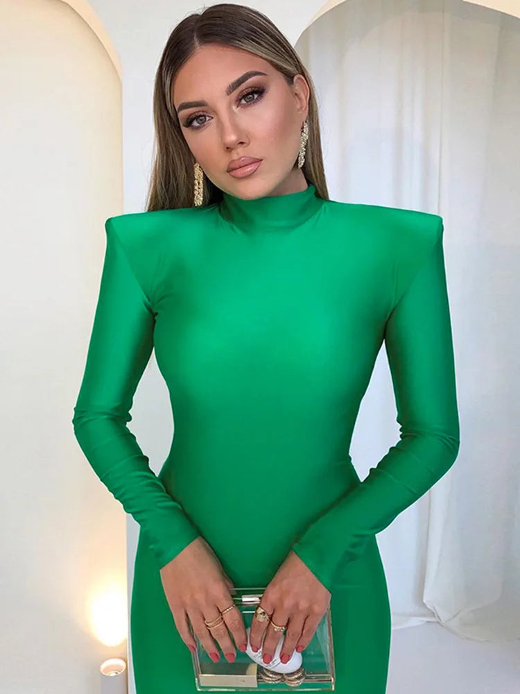 Winnie Schoudergepolsterde Bodycon Maxi Jurk – Elegante Groene Feestlook