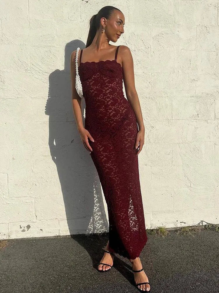 Elegante Kant Doorzichtige Maxi Jurk - Sexy Spaghetti Bandjes Bodycon Bruiloft Feest Jurk