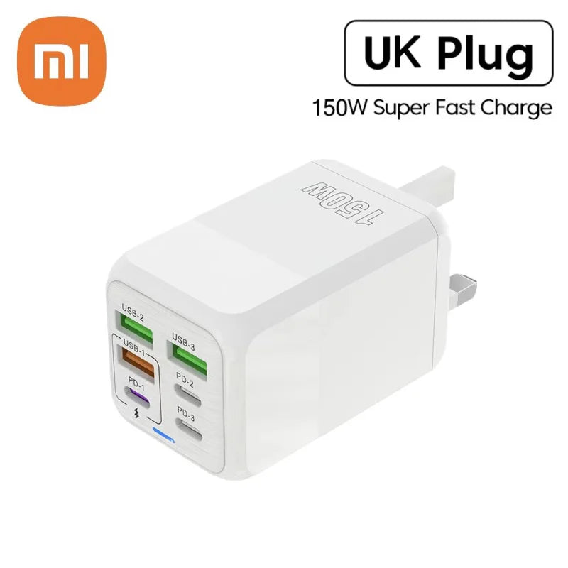 Xiaomi 150W Super Quick Charger Adapter – 6-Port PD Type C & QC 3.0 Fast Charging for iPhone, Samsung, PC, and More (10A Ultra High Speed)