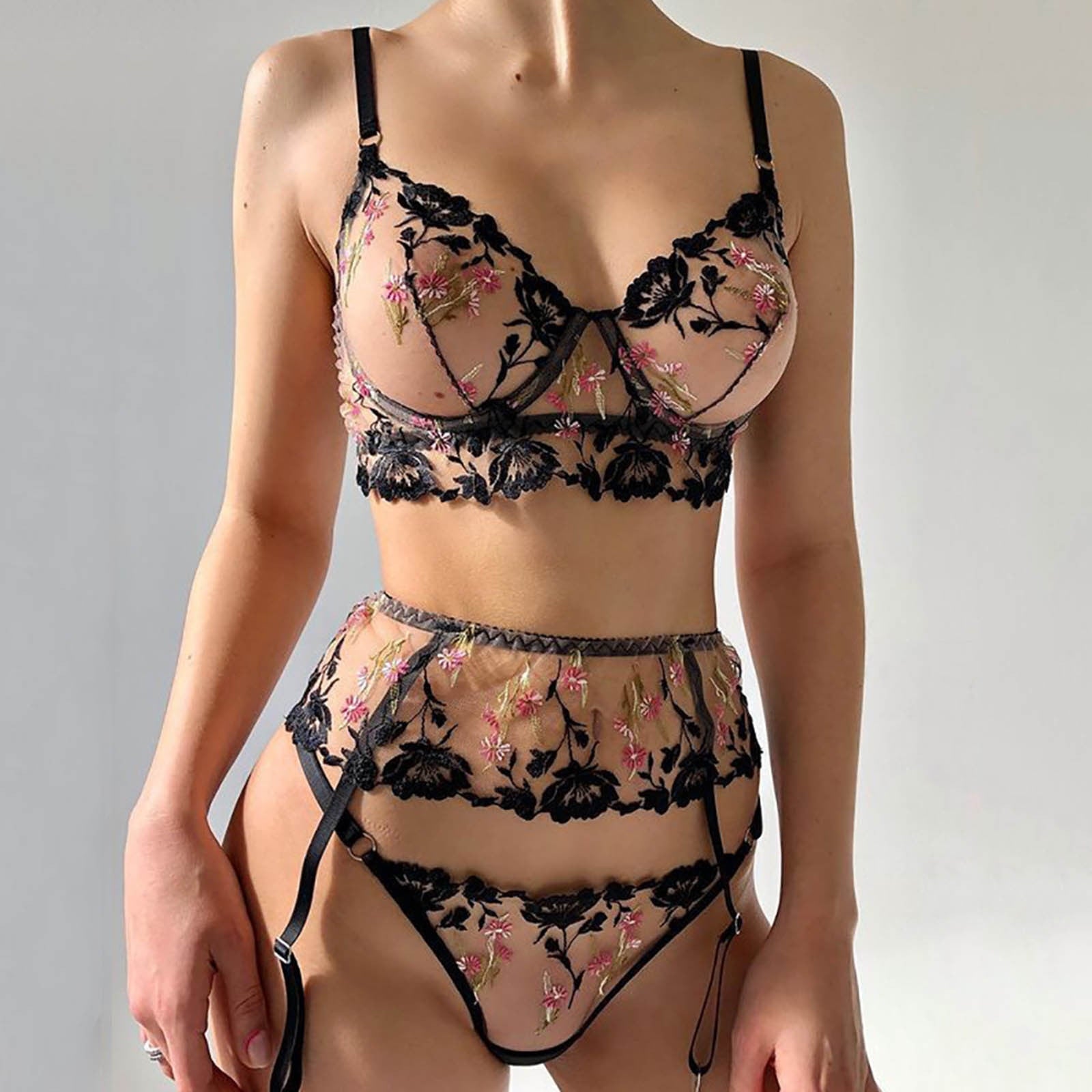 Dessous mit Netzspitze und Blumenstickerei