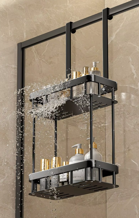 Ava No-Drill Shower Caddy | Sleek Glass Door Storage & Towel Rack