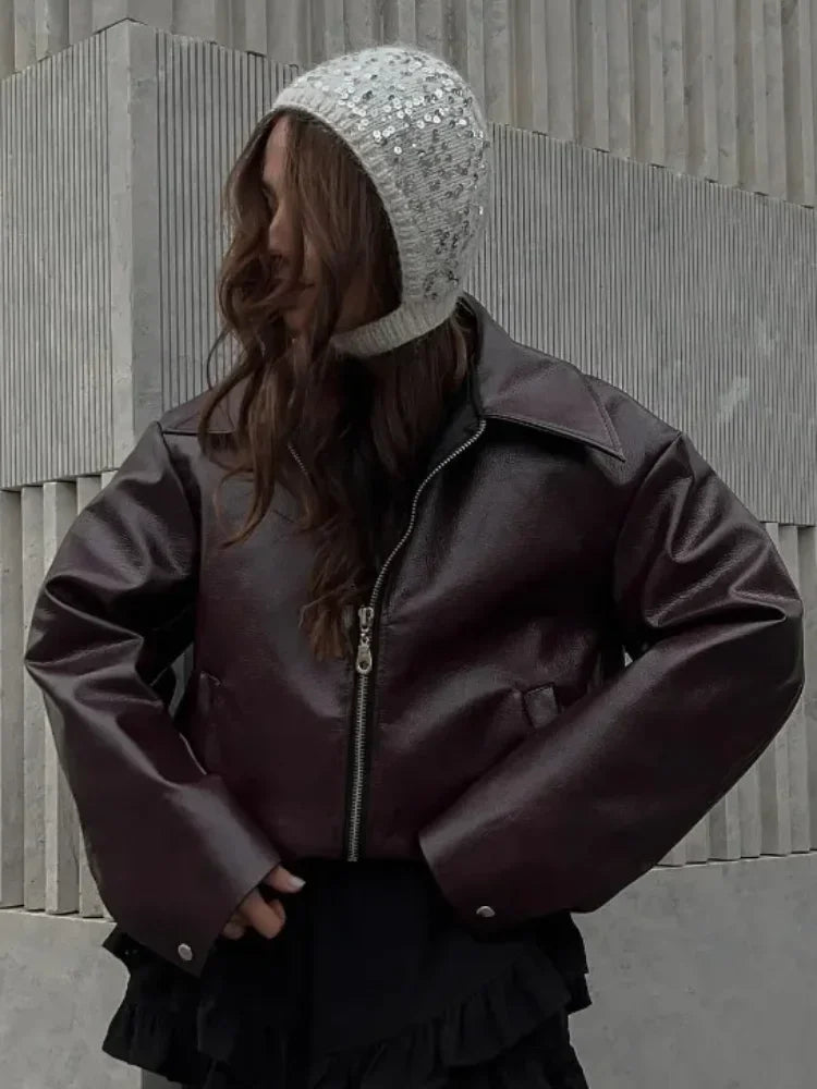 Mara Jacket - Veste bomber élégante en cuir à fermeture éclair solide pour femme