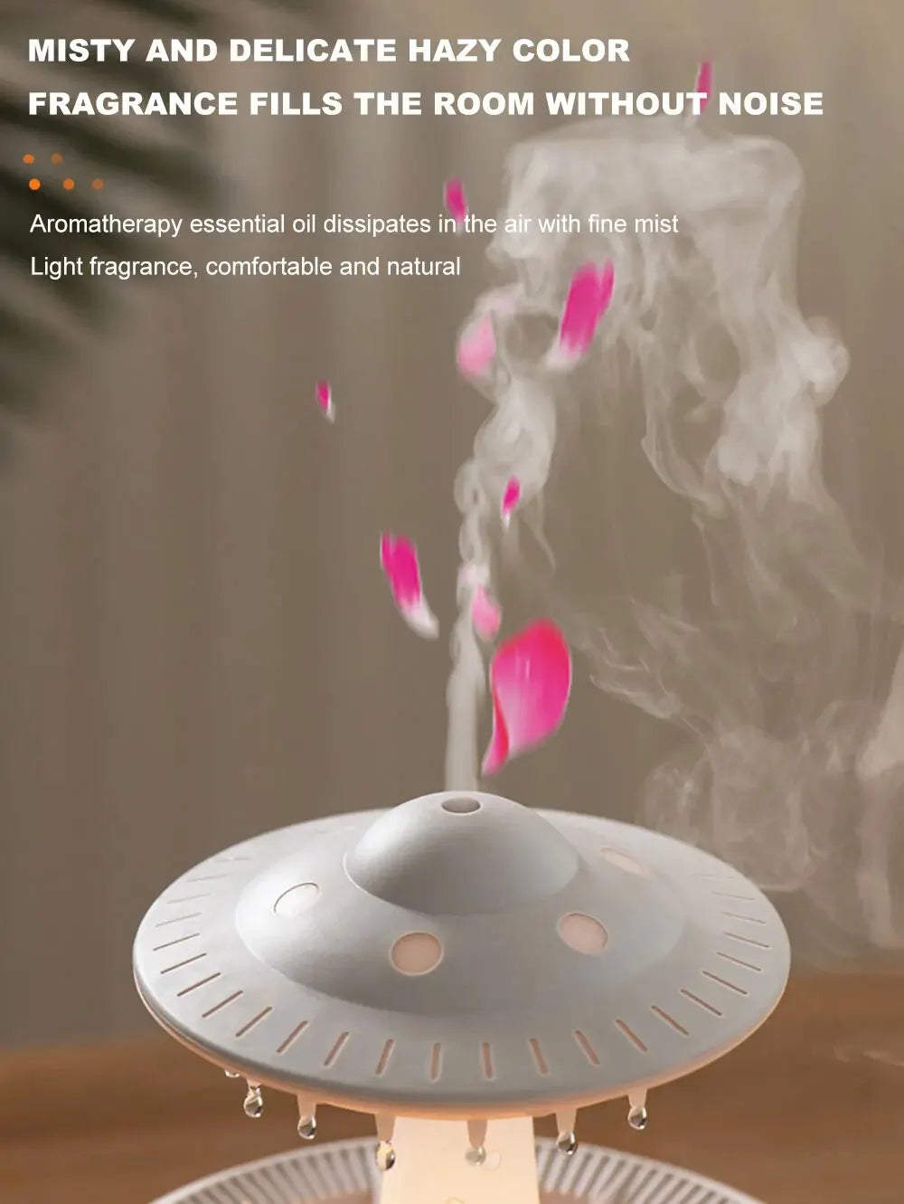 Humidificateur d’air UFO Mia – Expérience d’aromathérapie brumeuse avec gouttes de pluie