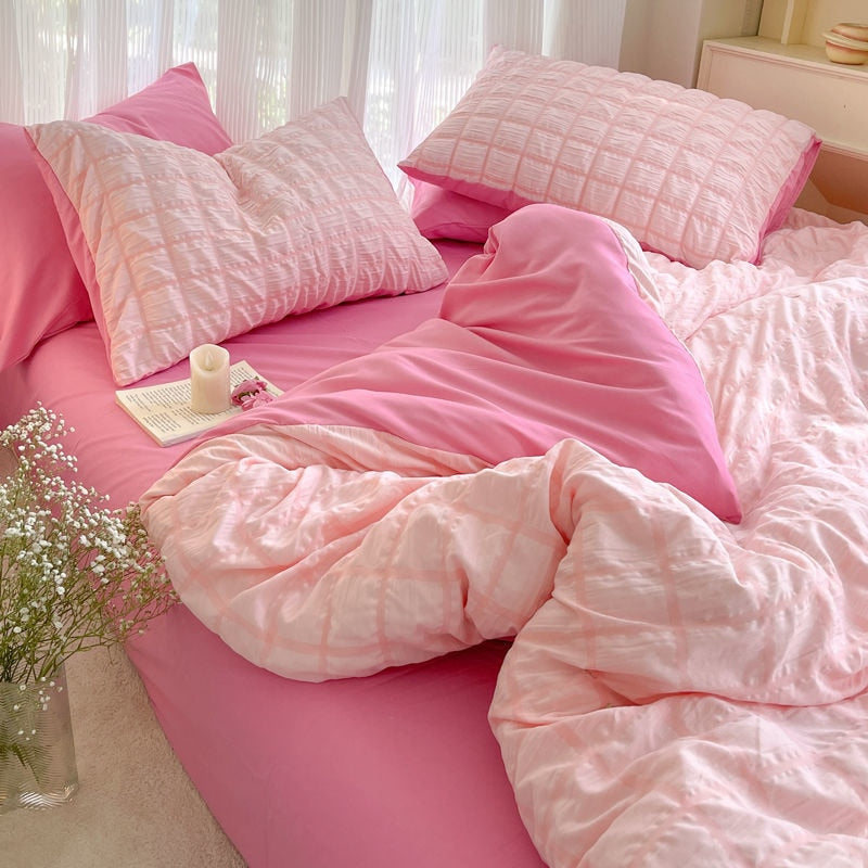 Juego de cama de princesa en seersucker rosa