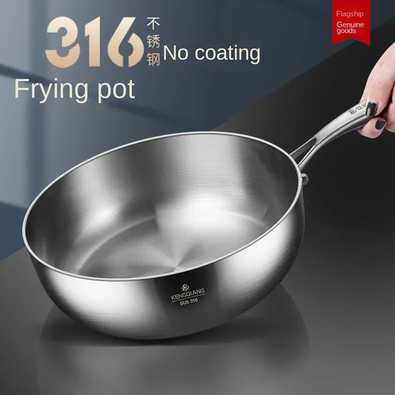 316 Stainless Steel Frying Pan – Deep Uncoated Frying Pan for Vegetables, Induction Cooker Compatible