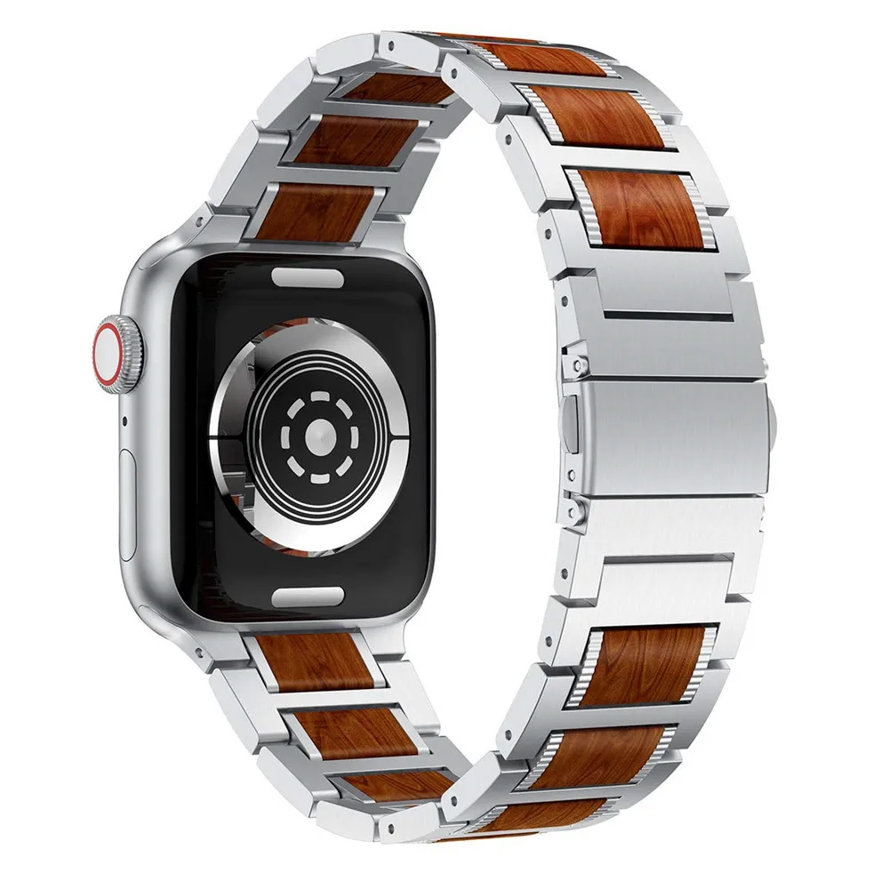 Pulseira de Relógio de Madeira de Sândalo Vermelho Natural e Metal para Apple Watch