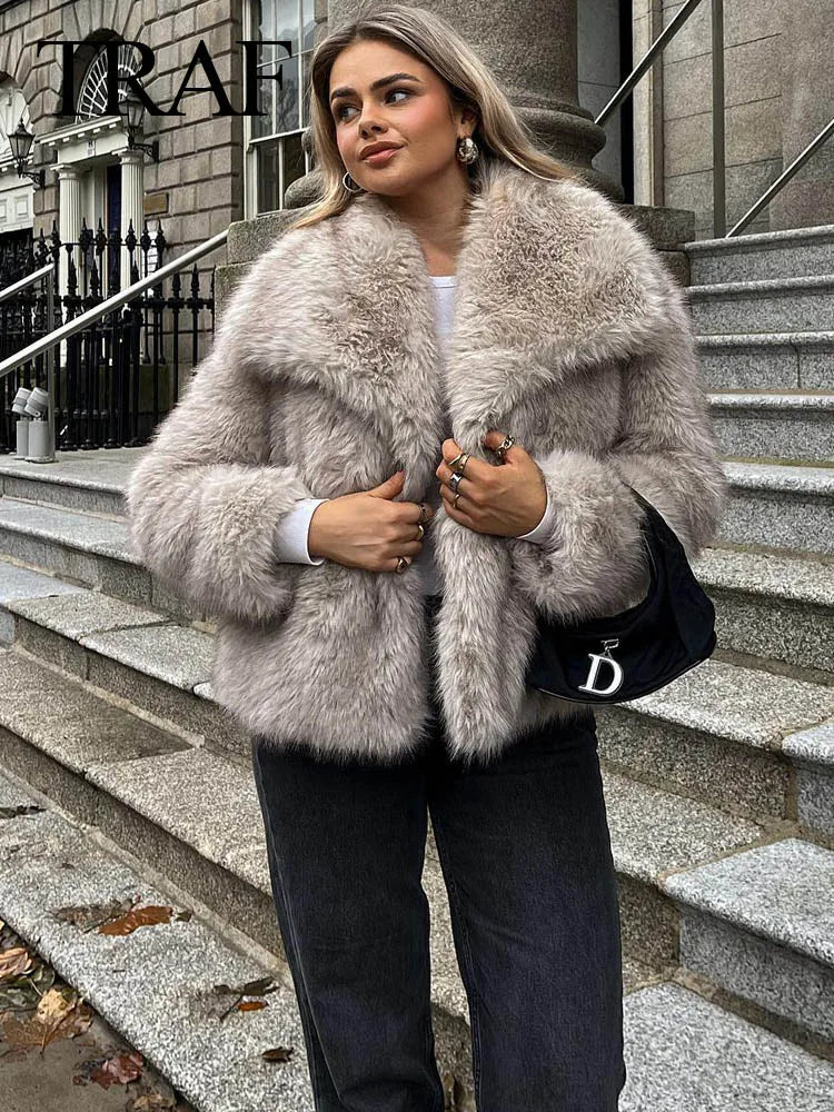 Cropped Faux Fur Jacket - Chic Lapel Collar Long Sleeve Jacket for Women