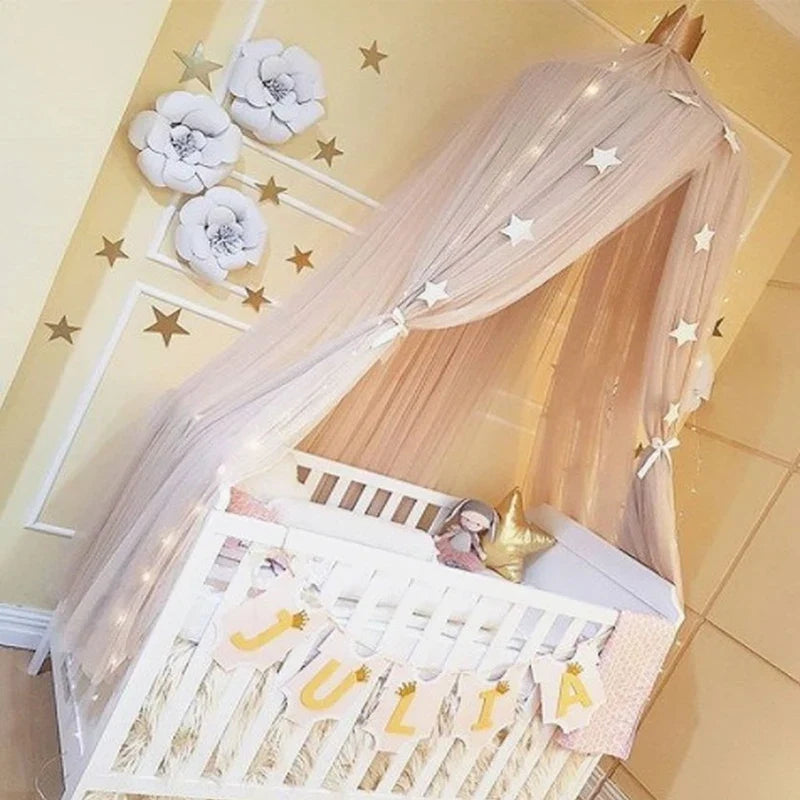 Kids Tulle Bed Canopy with Star Decoration - White, Beige, Pink, Grey, Blue & Purple