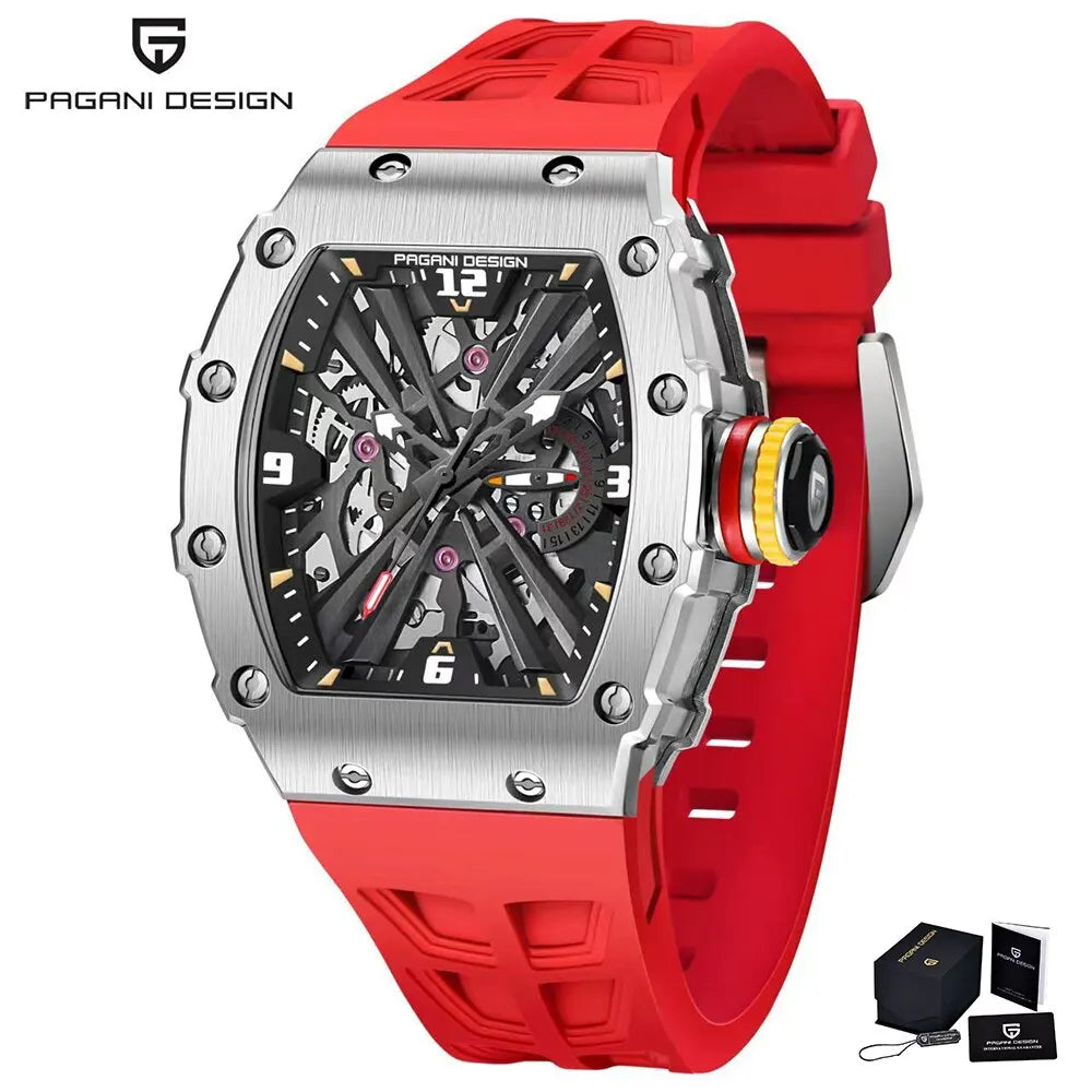 PAGANI DESIGN Reloj de Cuarzo para Hombre - Movimiento VH65, Esfera Esqueleto, Resistente al Agua 100 M, Cristal de Zafiro, Reloj Deportivo rectangular