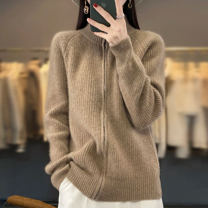 100% Pure Wool Zipper Cardigan/Sweater for women