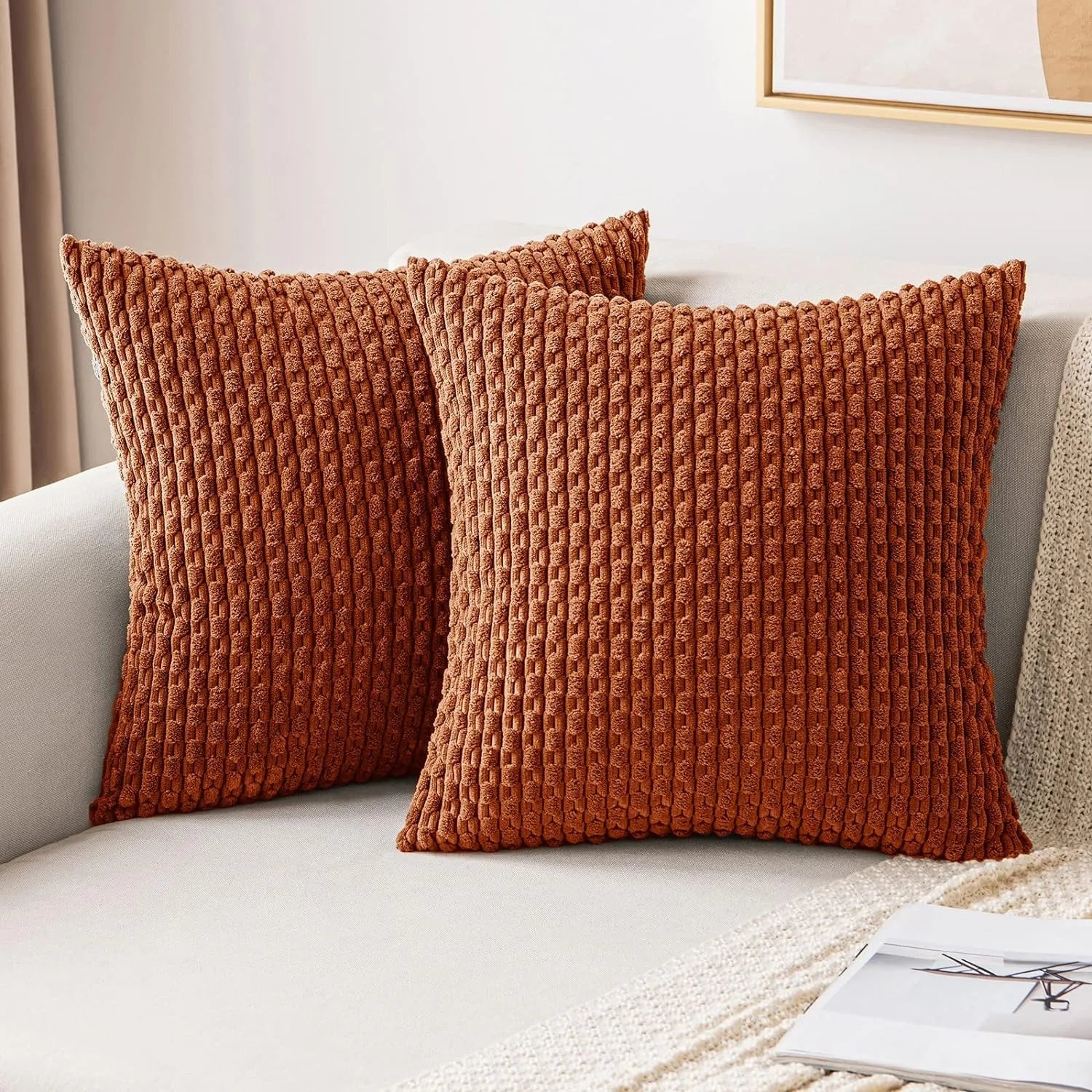 Winnie Striped Boho Throw Pillow Cover – 18x18 Inch Cozy Corduroy Cushion for Modern Home Decor