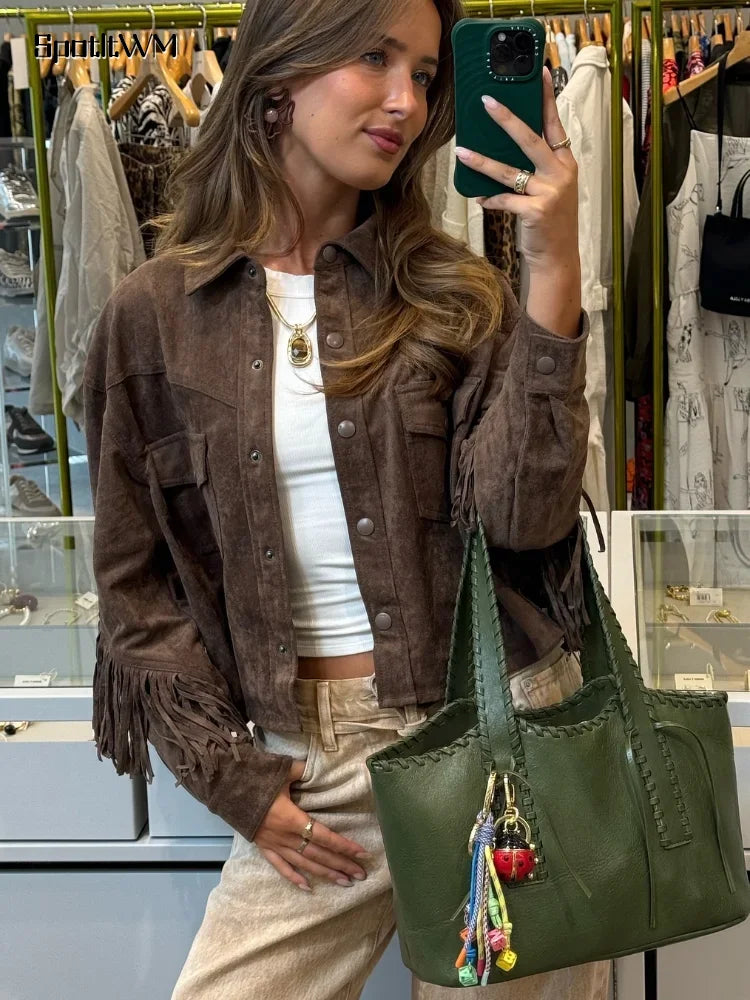 Dahlia Jacket - Vintage Brown Suede Leather Jacket with Tassels for Autumn