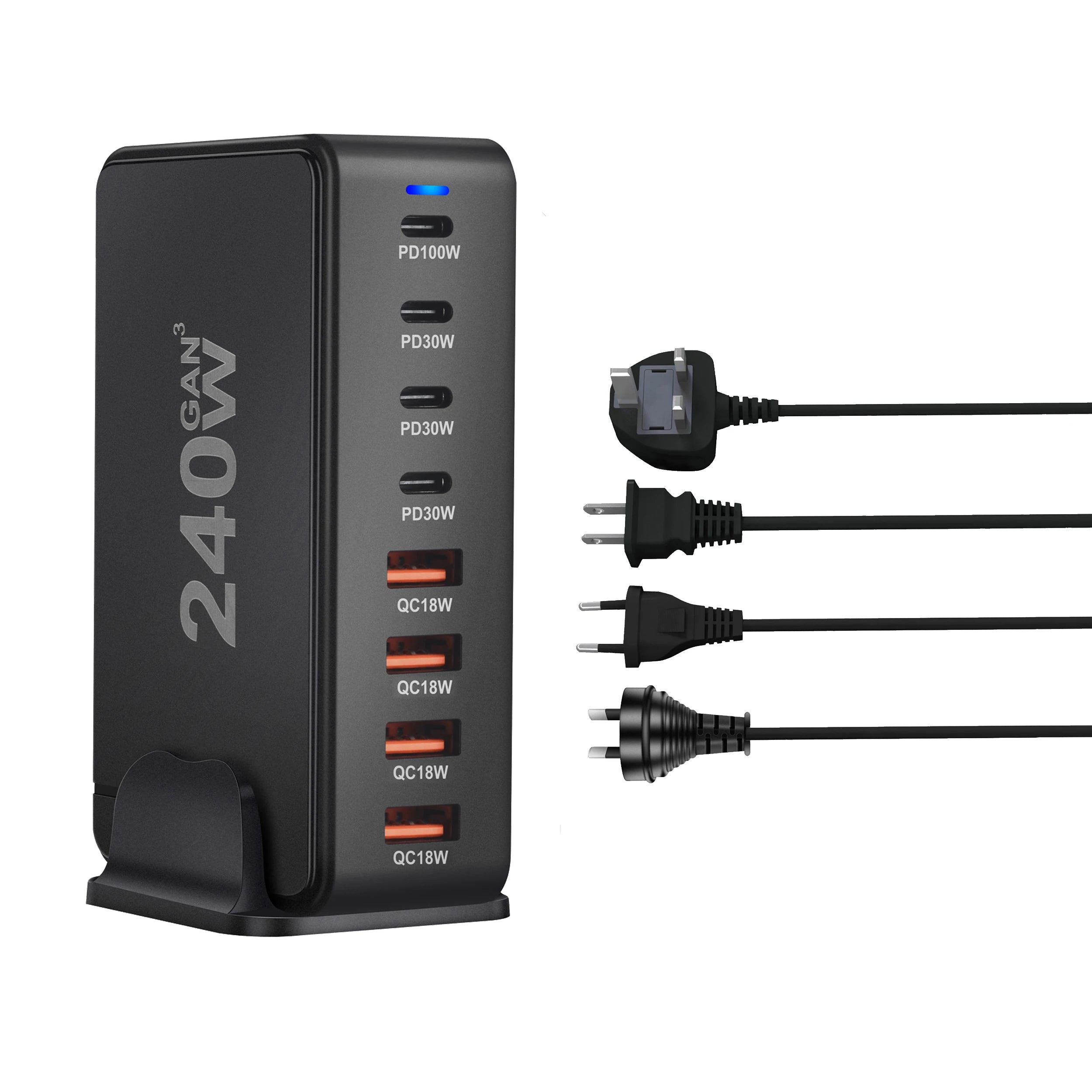 Caricatore GaN da tavolo da 240 W – Stazione di ricarica rapida USB Type C PD Quick Charge 3.0 a 8 porte per dispositivi mobili, laptop e altro ancora