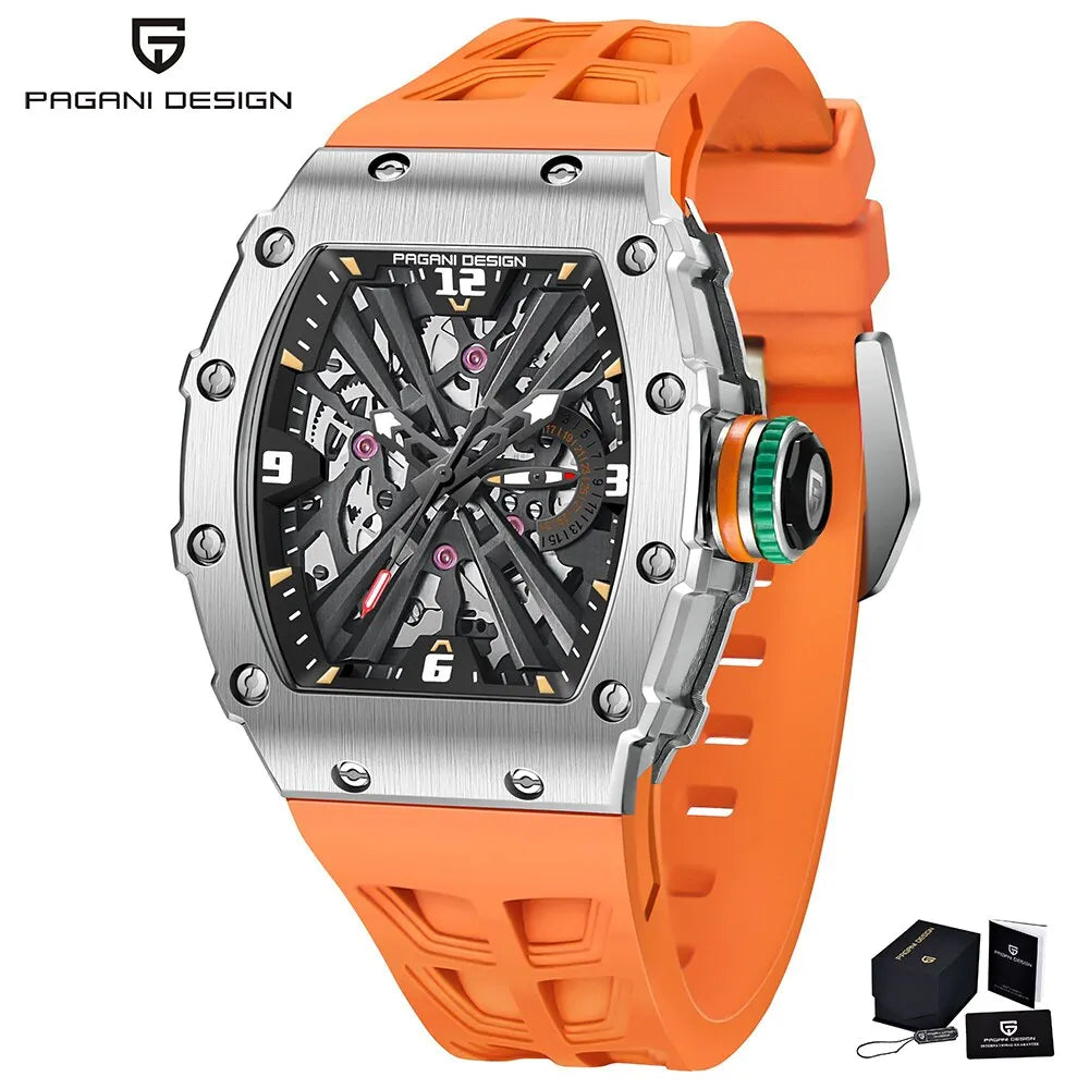 PAGANI DESIGN Reloj de Cuarzo para Hombre - Movimiento VH65, Esfera Esqueleto, Resistente al Agua 100 M, Cristal de Zafiro, Reloj Deportivo rectangular