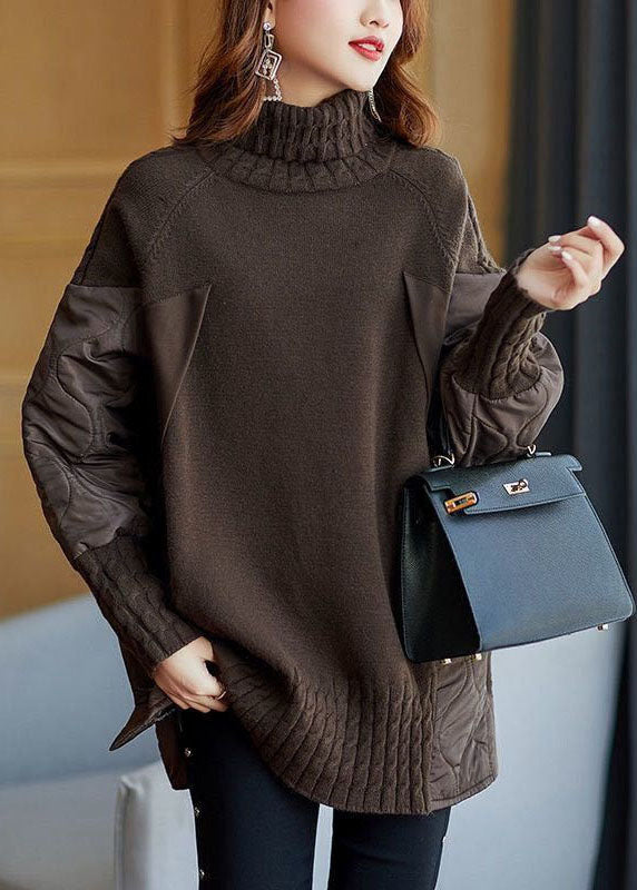 Enkel Choklad Turtleneck Patchwork Lös höststickade tröjor