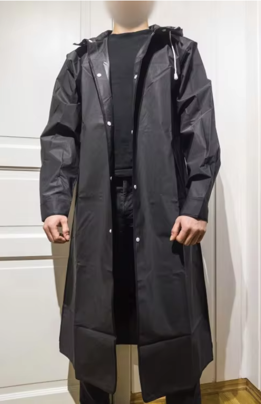 Manteau imperméable long noir d'automne - Veste épaisse à capuche pour l'extérieur