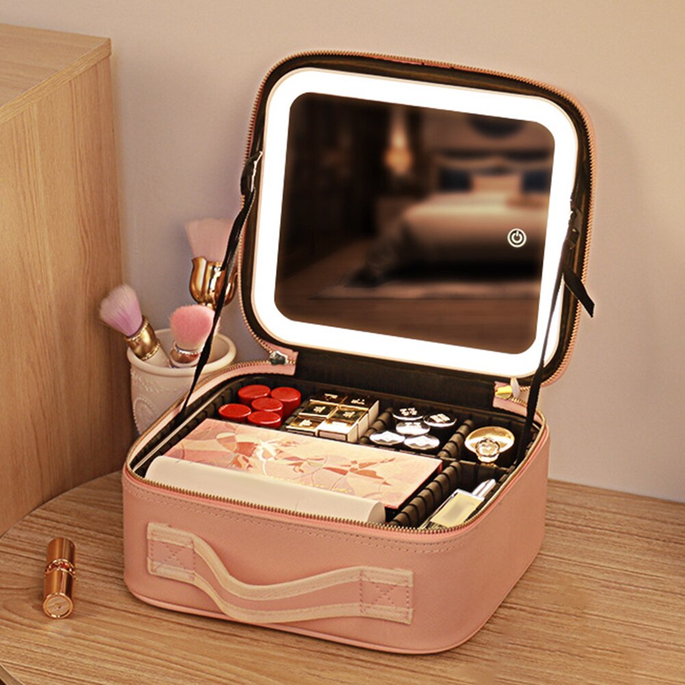 Portable Travel Makeup Case with LED Mirror & Adjustable Light