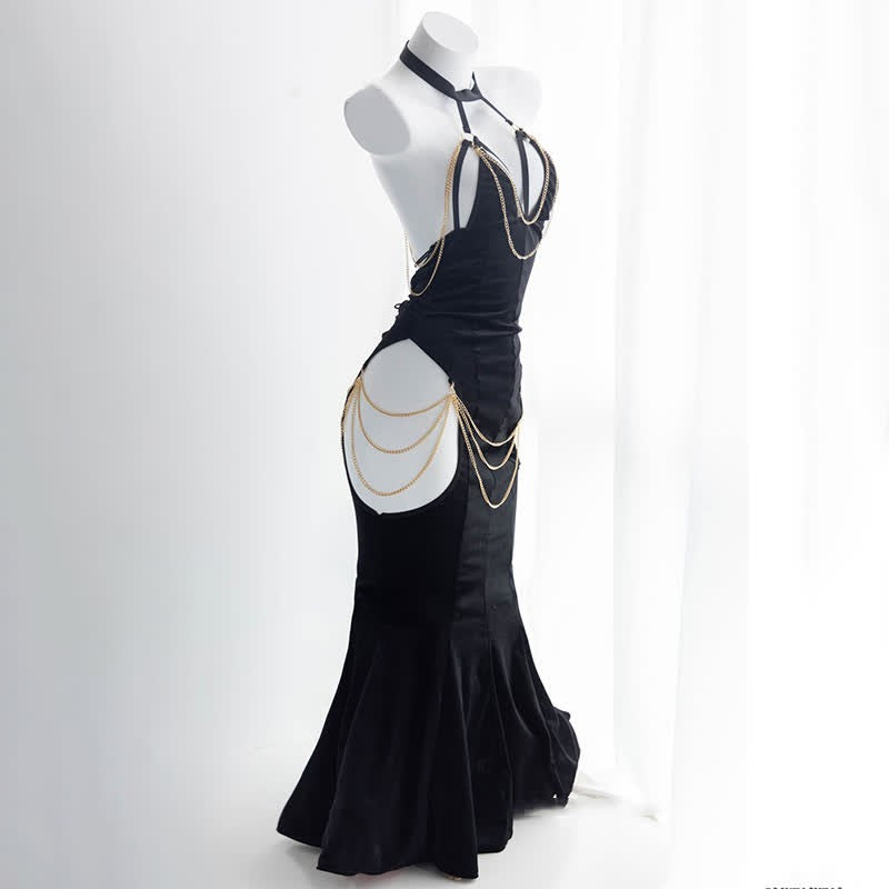 Sexy rückenfreies Fishtail-Kleid mit offener Brust und Kette