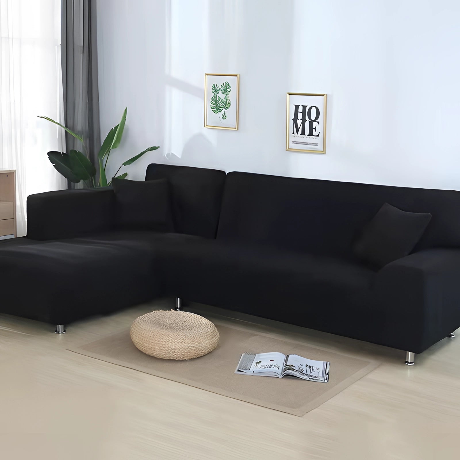 Luxury Black Sectional Sofa - Modern L-Shaped Couch Cover with Chrome Legs