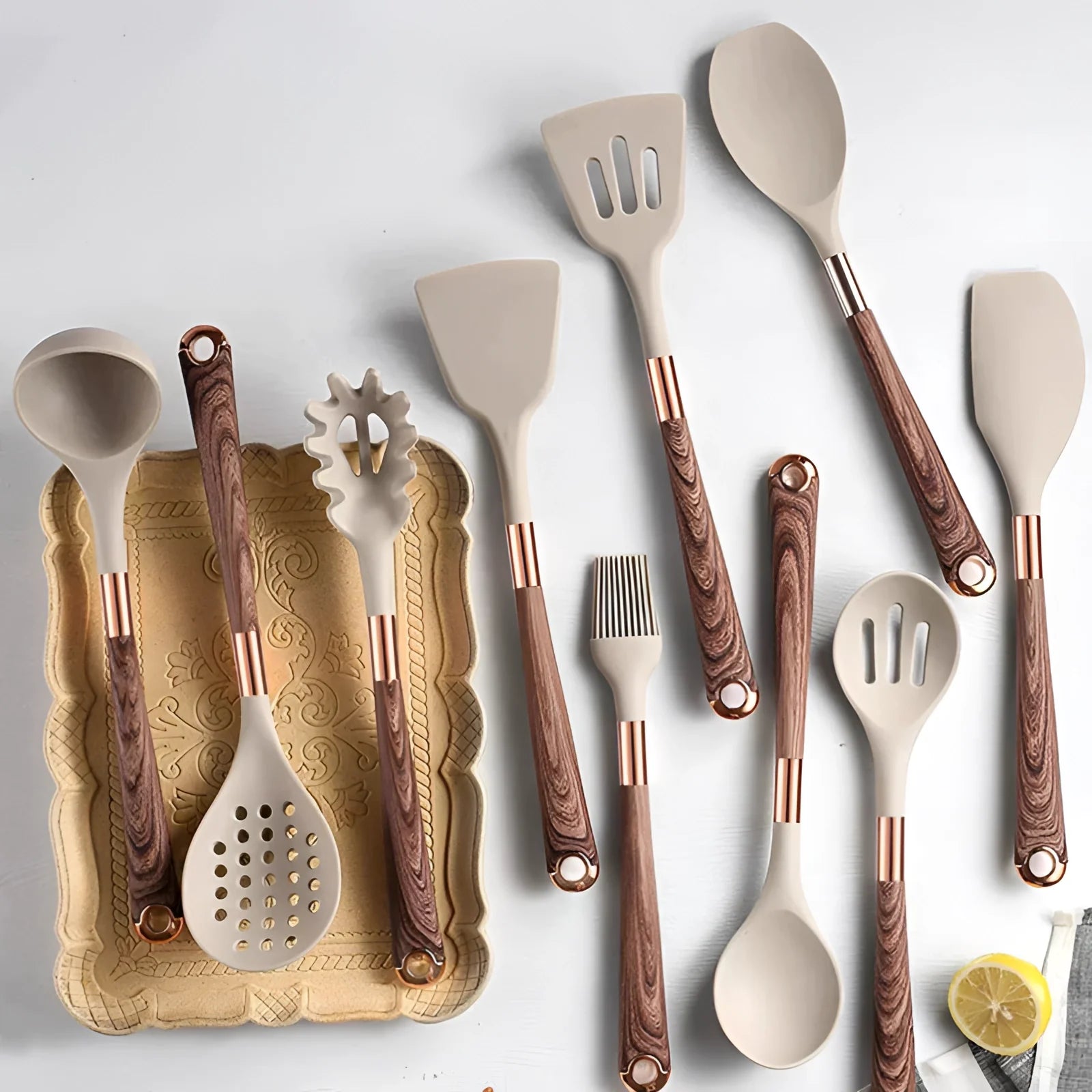 Luxury Kitchen Utensils Set - Copper & Wood Handles, Silicone Tools